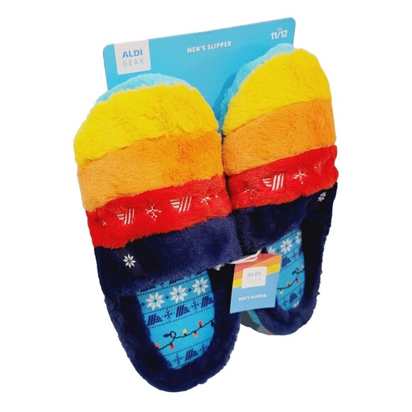 ALDI GEAR 2023 Men's Rainbow Holiday Plush Logo Slippers Limited Ed, Size 11/12 - Picture 1 of 8